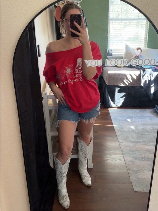 Fruit of the Loom Tops - “Stars Stripes & Cowgirl Boots” Off-Shoulder Red Tee